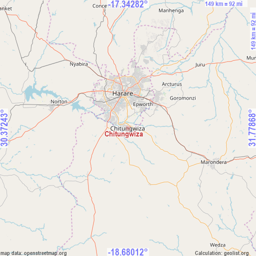 Chitungwiza on map