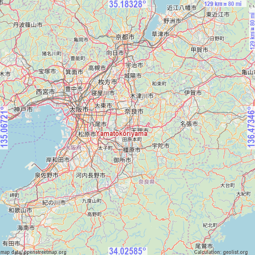 Yamatokōriyama on map