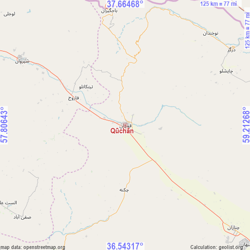 Qūchān on map
