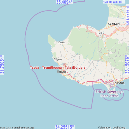 Tsada - Tremithousa - Tala (Borders) on map
