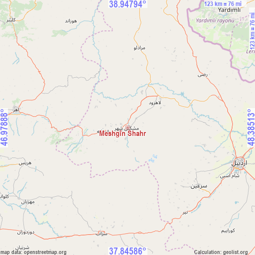 Meshgīn Shahr on map