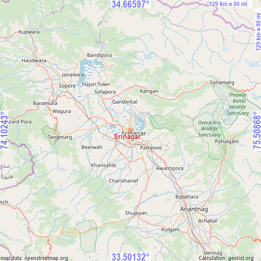 Srinagar on map