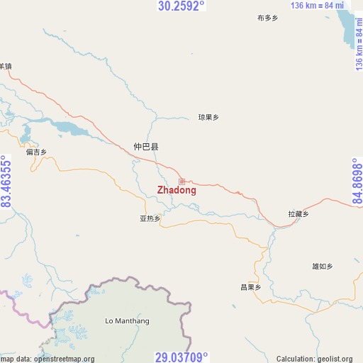 Zhadong on map