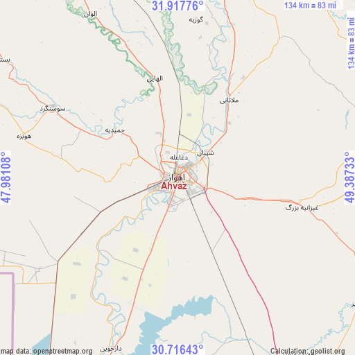 Ahvaz on map