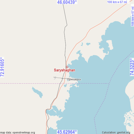 Saryshaghan on map