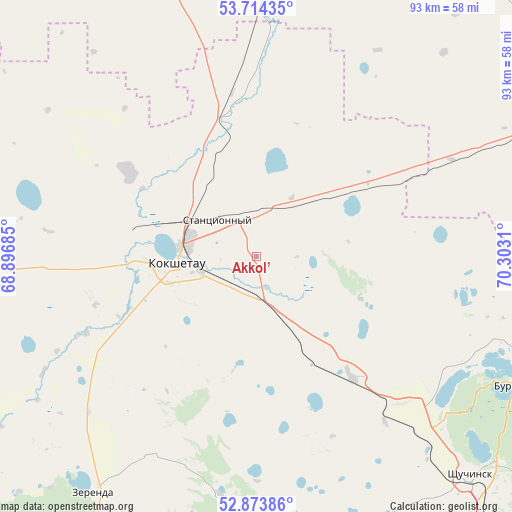 Akkol’ on map