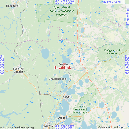 Snezhinsk on map
