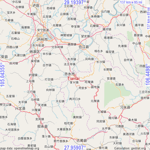 Tiantai on map