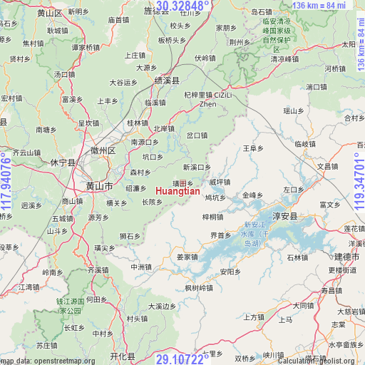 Huangtian on map