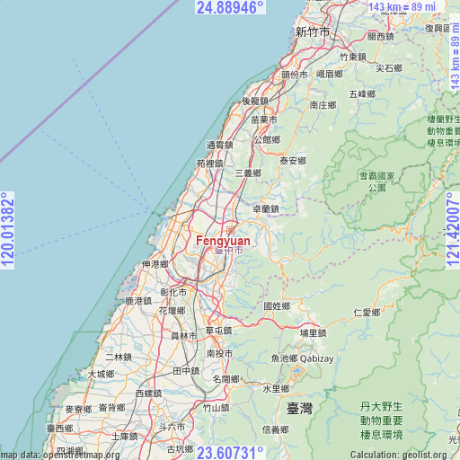 Fengyuan on map