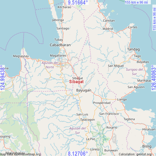Sibagat on map