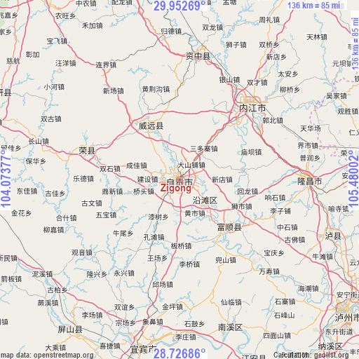 Zigong on map