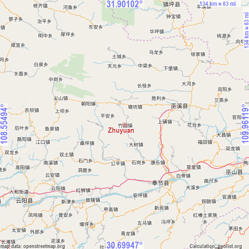 Zhuyuan on map