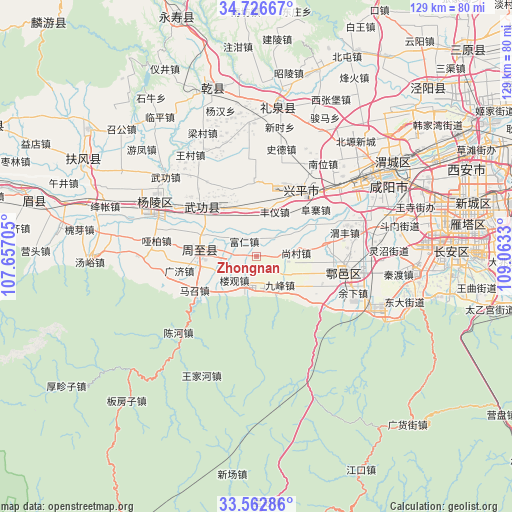 Zhongnan on map