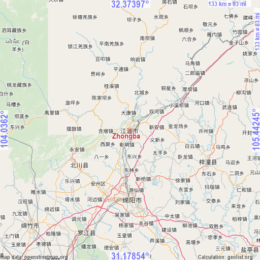 Zhongba on map