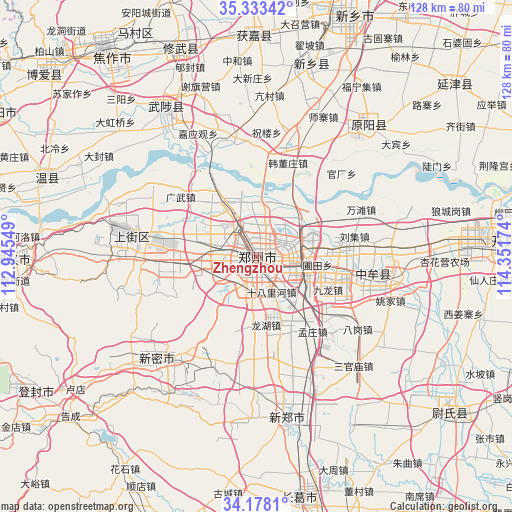 Zhengzhou on map