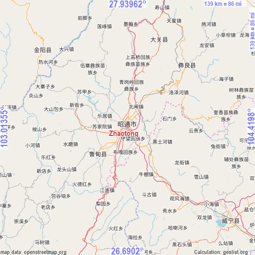 Zhaotong on map