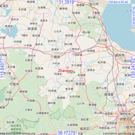 Zhangwu on map