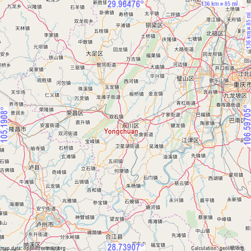 Yongchuan on map