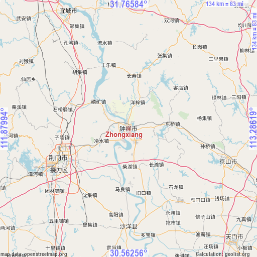 Zhongxiang on map