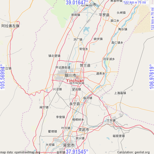 Yinchuan on map