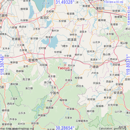 Yaocun on map