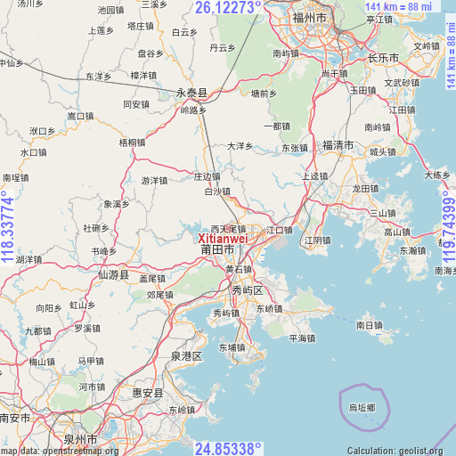 Xitianwei on map