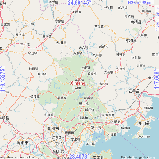 Xinfeng on map