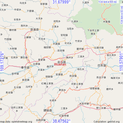 Wushan on map