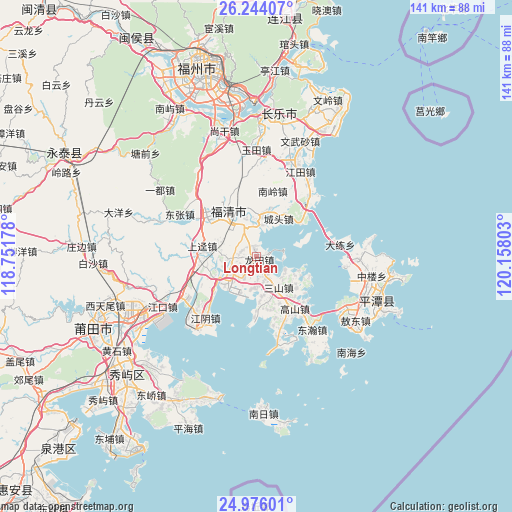 Longtian on map