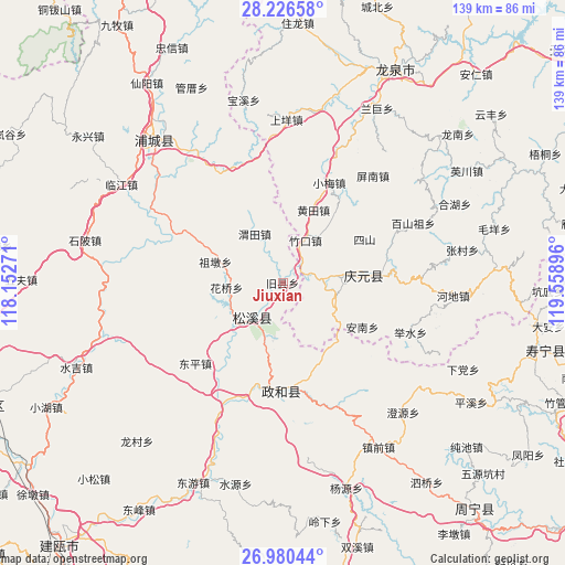 Jiuxian on map
