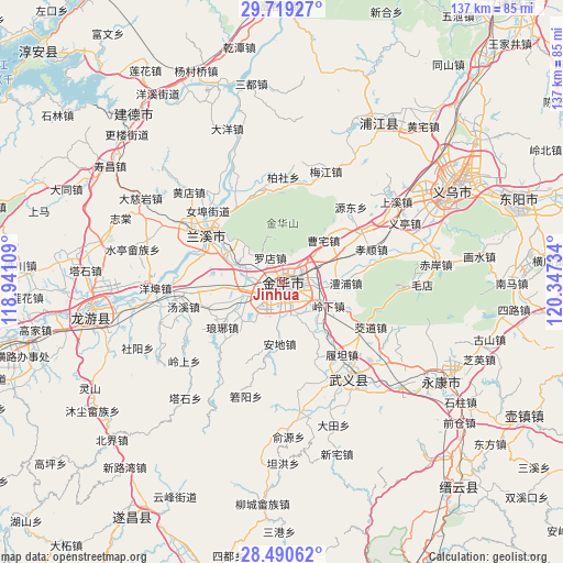 Jinhua on map