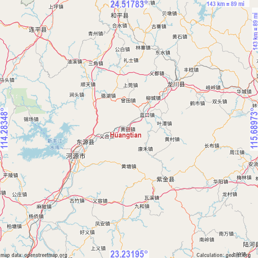 Huangtian on map