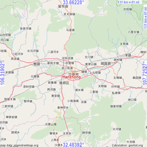 Hanzhong on map