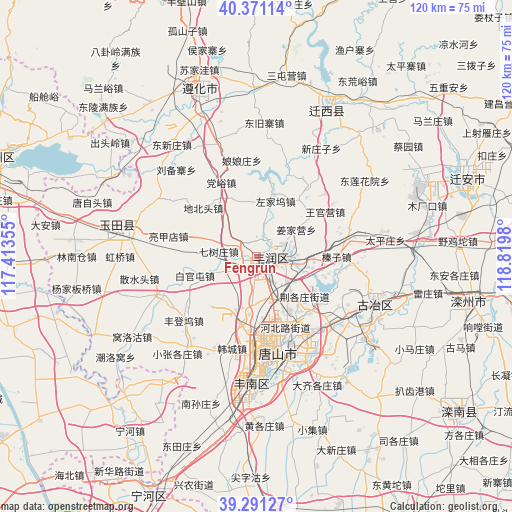 Fengrun on map