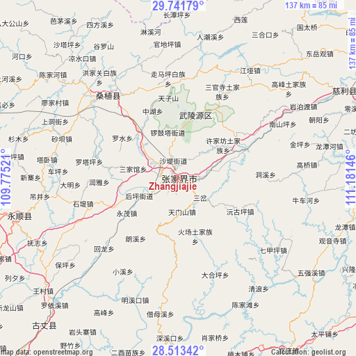 Zhangjiajie on map