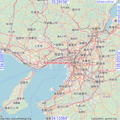 Nishinomiya-hama on map