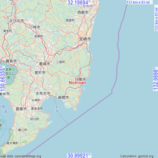 Nichinan on map