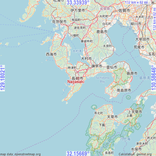 Nagasaki on map