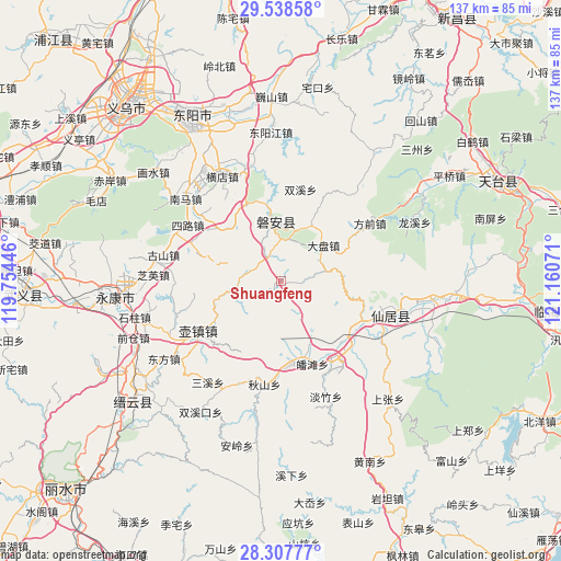 Shuangfeng on map