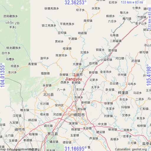 Jiangyou on map