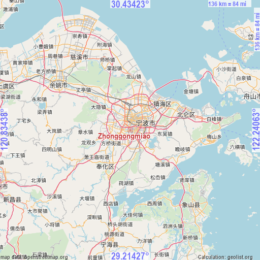 Zhonggongmiao on map