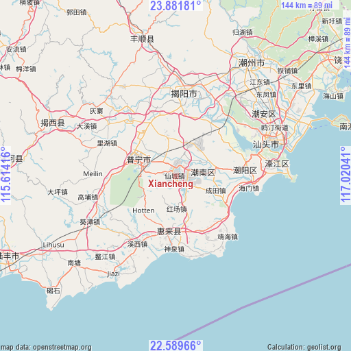 Xiancheng on map