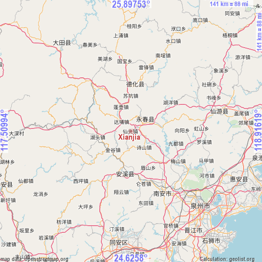 Xianjia on map