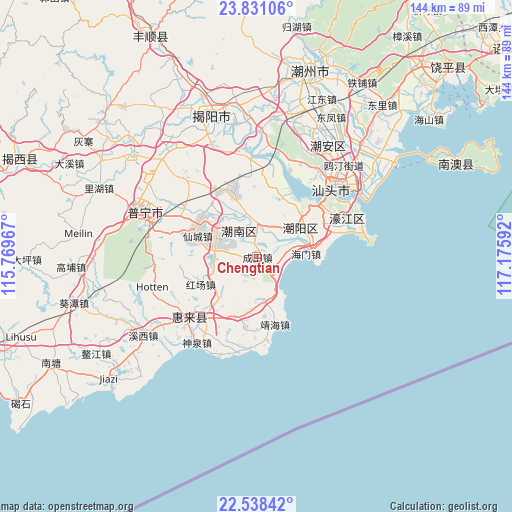 Chengtian on map