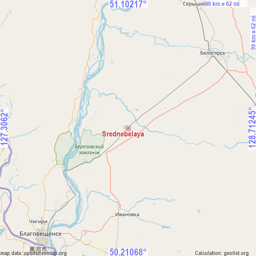 Srednebelaya on map