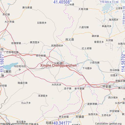 Xinghe Chengguanzhen on map