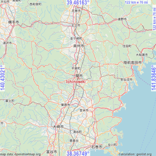 Ichinoseki on map