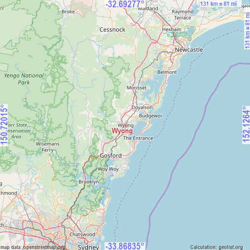 Wyong on map