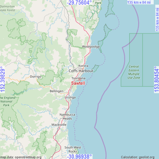 Sawtell on map